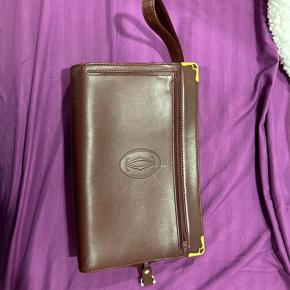 Cartier Brown Leather Wristlet Clutch with Gold Corner Accents